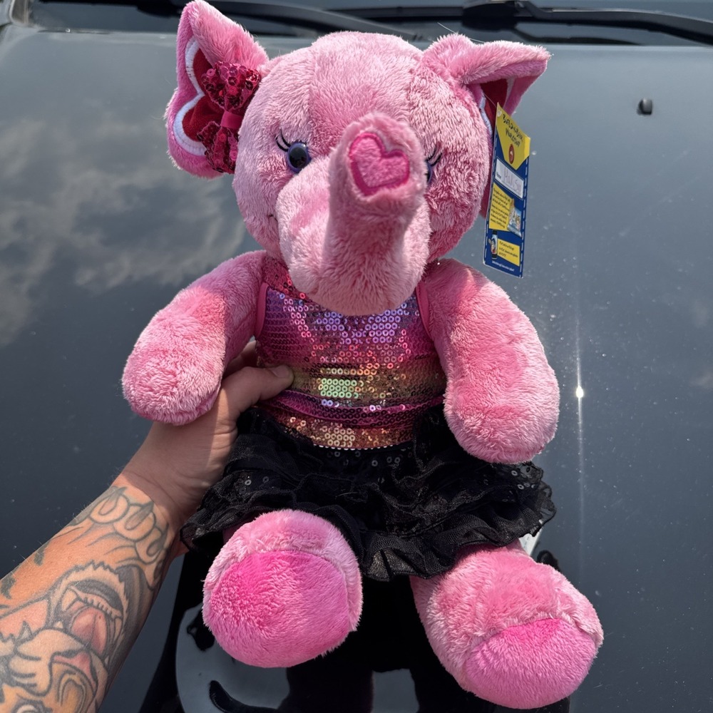 2013 Build A Bear Pink Elephant Plush Stuffed Heart Ears Rainbow Sequin Outfit